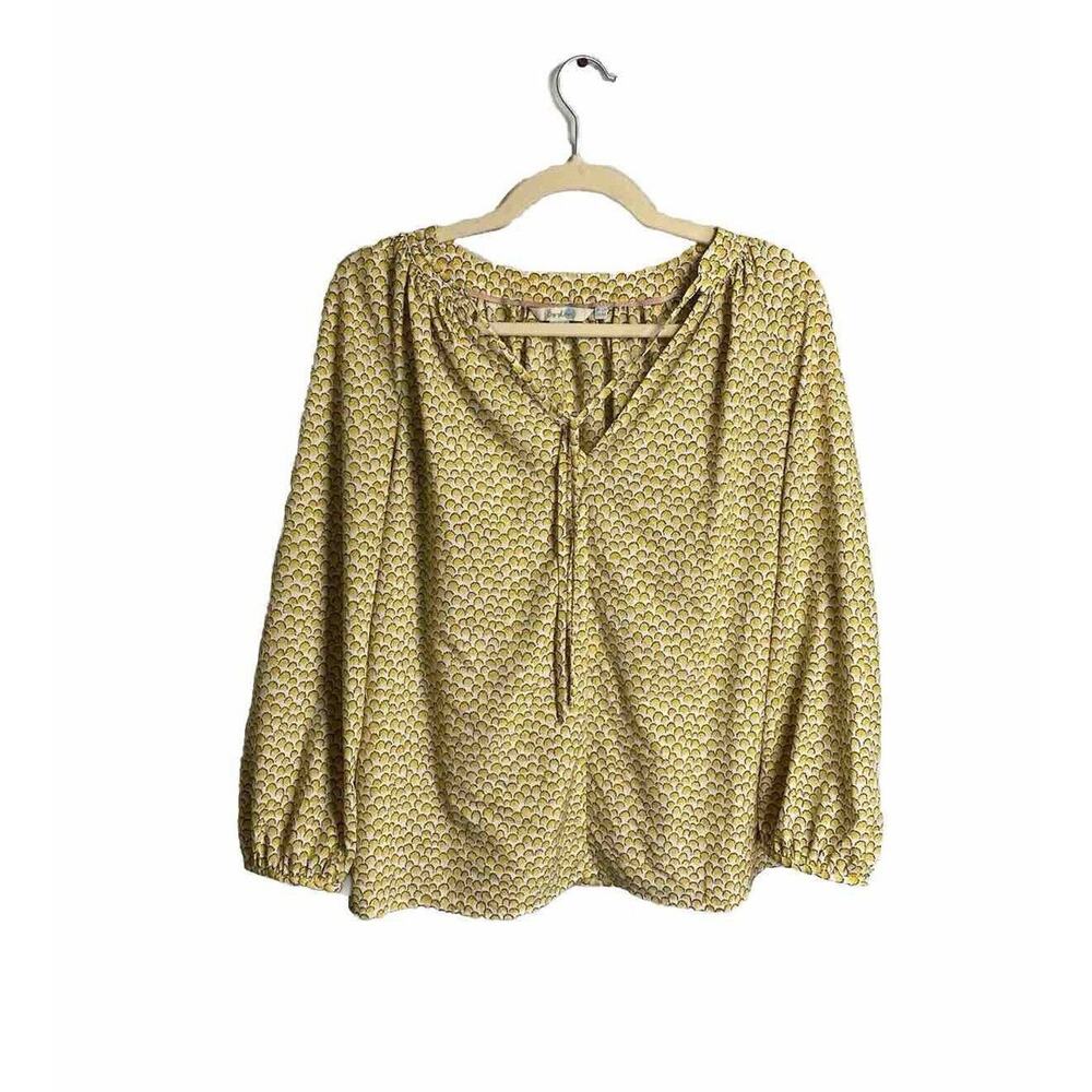 Boden‎ Women’s Tie Front Chiffon Peasant Blouse Flower Print Yellow Size 8R